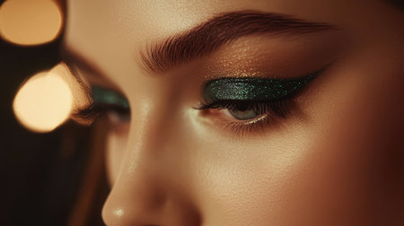 A captivating close-up of a young woman's eye showcasing bold green eyeshadow and striking eyeliner, highlighting the artistry and elegance in beauty makeup.の素材
