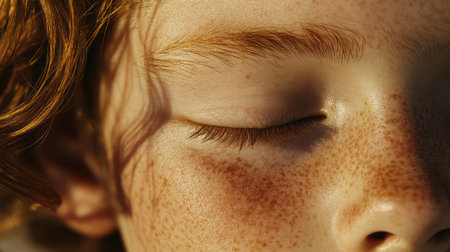 This close-up image captures a child with curly red hair and freckles, eyes closed in a peaceful moment, highlighting innocence and beauty in soft natural light.の素材