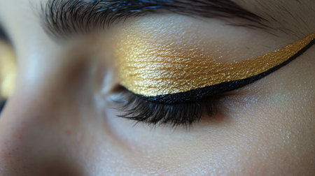 This captivating close-up features a beautifully applied gold eyeshadow paired with a bold winged eyeliner, perfect for beauty enthusiasts and makeup artists seeking inspiration.の素材