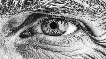 This striking close-up image captures a human eye's intricate features, showcasing the delicate textures of the iris and skin in beautiful monochrome detail.の素材