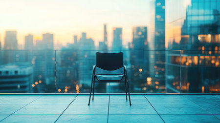 A minimalist black chair positioned on a rooftop overlooking a stunning urban cityscape at dusk, showcasing modern architecture and a peaceful ambiance perfect for relaxation.の素材