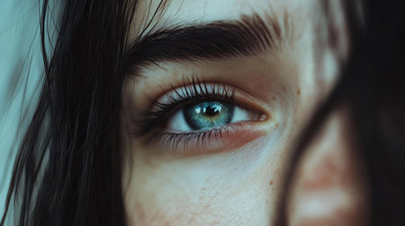 This striking close-up features a young woman's captivating blue eye amidst dark hair, highlighting natural beauty, lush eyelashes, and a touch of freckles for an intriguing and emotional portrait.の素材