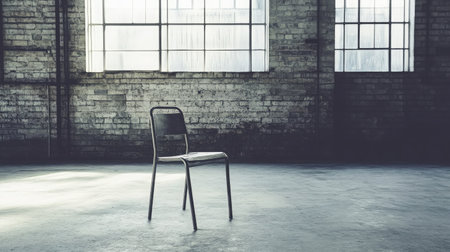 An industrial minimalist scene showcasing a solitary metal chair illuminated by soft natural light streaming through large windows in a vintage space.の素材