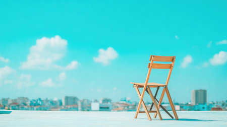 A simple wooden chair sits alone on a rooftop, overlooking a vibrant blue sky filled with soft white clouds, capturing a moment of peace in a bustling urban landscape.の素材