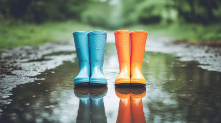 A pair of bright blue and orange rubber boots sit beside a puddle, reflecting beautifully in a lush green environment, capturing the essence of outdoor fun during rainy days.の素材