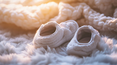 Capture the joy of new beginnings with these cozy baby shoes resting on a soft blanket, surrounded by warm light, perfect for baby photos or thoughtful gifts.の素材