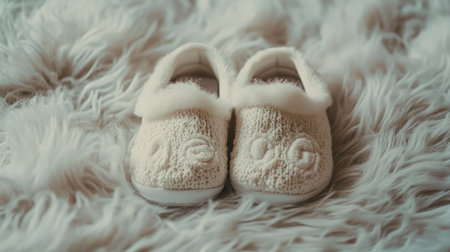 Explore the charm of these cozy baby slippers set on a fluffy blanket, perfect for creating warm and adorable moments in infant photography or nursery decor.の素材