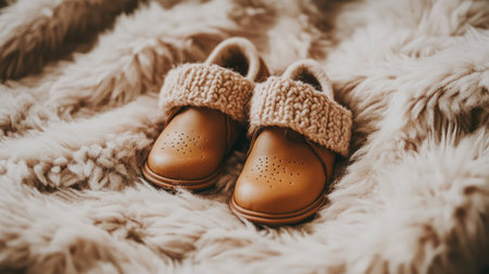 Discover these charming brown baby shoes resting on a plush blanket, ideal for stylish newborn photoshoots and showcasing children's fashion trends.の素材