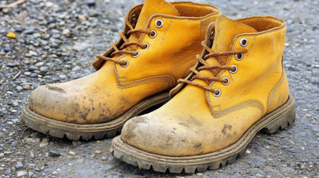 A pair of well-worn yellow work boots rests on a gravel surface, displaying dirt and signs of heavy use, ideal for themes of labor, outdoor adventure, or rugged fashion.の素材