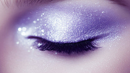 This stunning close-up image captures an eye adorned with glamorous purple sparkle makeup, showcasing intricate details and vibrant colors perfect for beauty and fashion themes.の素材