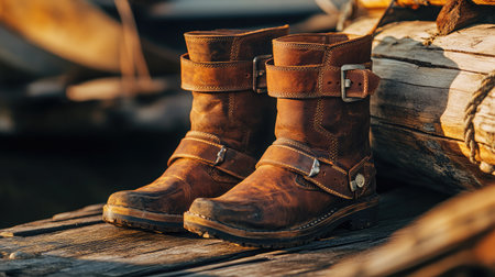 A pair of rustic leather boots rests on a weathered wooden dock, beautifully highlighting craftsmanship and vintage style, perfect for outdoor adventures.の素材