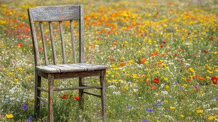 A wooden chair stands gracefully in a field of colorful wildflowers, embodying tranquility and natural beauty, inviting peaceful moments and reflection in a serene outdoor setting.の素材