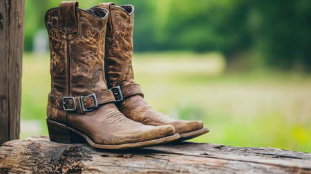 A pair of rustic leather cowboy boots on a wooden log, highlighting fine craftsmanship and natural textures in a serene countryside setting, perfect for fashion and lifestyle themes.の素材