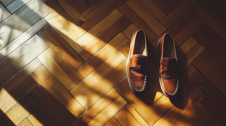 Stylish brown leather shoes resting on a sunlit wooden floor, showcasing intricate textures and a serene atmosphere perfect for fashion enthusiasts and home decor lovers.の素材