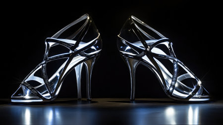 A pair of stylish high heel shoes featuring an elegant strappy design that captures light beautifully, ideal for fashion photography and showcasing modern footwear trends.の素材