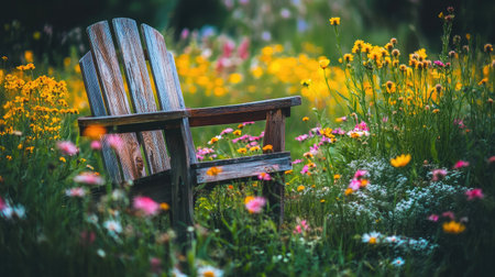 A charming wooden chair nestled within a field of colorful wildflowers, offering a peaceful retreat in nature. The scene captures a perfect blend of tranquility and beauty.の素材
