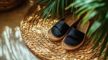 Chic black slide sandals placed on a woven mat surrounded by vibrant green leaves, perfect for capturing the essence of summer relaxation and stylish indoor decor.の素材