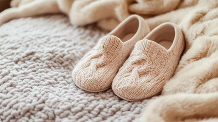 Soft and inviting knitted slippers placed on a plush blanket, perfect for creating a cozy atmosphere ideal for relaxation and comfort in any home setting.の素材