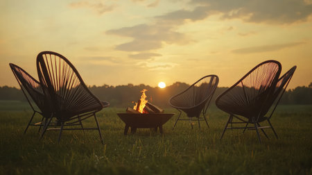 Experience a serene outdoor gathering as the sun sets, creating a warm atmosphere around a cozy fire pit. Stylish chairs invite relaxation and connection in nature's embrace.の素材