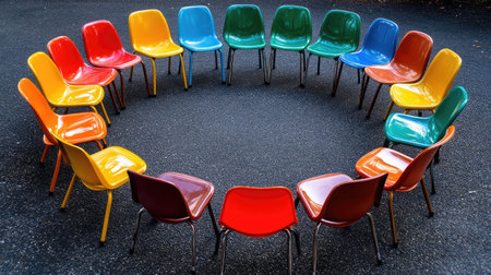 A vibrant arrangement of colorful plastic chairs set in a circular formation on a playground surface, perfect for group activities or creative outdoor gatherings.の素材