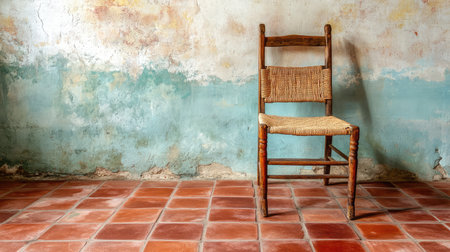 A lonely vintage wooden chair sits against a weathered wall with peeling paint, showcasing rustic beauty and the essence of forgotten places, perfect for artistic interpretation.の素材