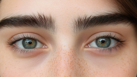 A captivating close-up of green eyes framed by well-groomed eyebrows and delicate freckles, evoking emotion and depth in a stunning natural portrait.の素材