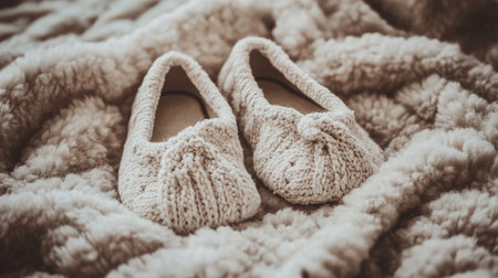Experience ultimate comfort with these cozy handmade knitted slippers, perfectly placed on a soft plush blanket, ideal for relaxation during chilly winter days.の素材