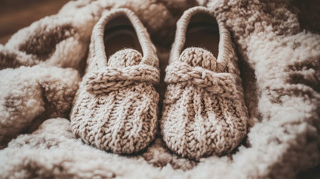 A pair of cozy knitted slippers elegantly placed on a plush blanket, embodying warmth and comfort, perfect for creating a relaxing home atmosphere in chilly weather.の素材