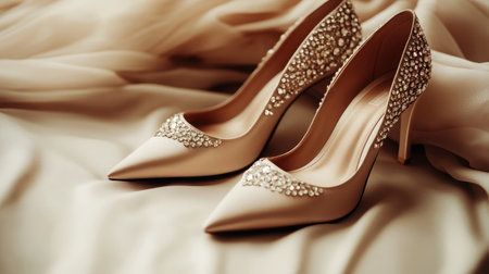 Discover these elegant high heels adorned with sparkling gemstones, perfect for weddings and special occasions, showcased against soft draped fabric for a luxurious feel.の素材
