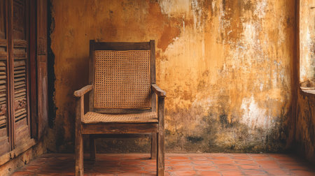 A charming rustic wooden chair rests in an abandoned room, highlighted by weathered walls and terracotta floor tiles, evoking a sense of nostalgia and tranquility.の素材