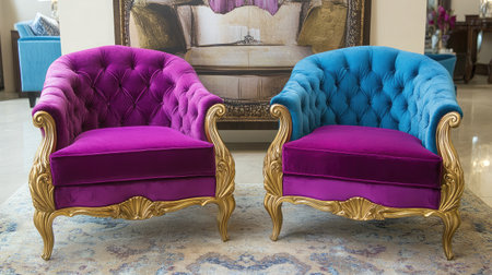 Discover a pair of luxurious vintage armchairs featuring vibrant purple and blue upholstery, beautifully crafted with intricate golden frames, perfect for any stylish living space.の素材