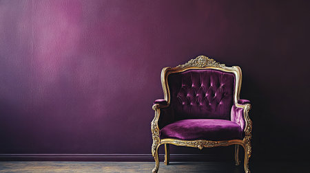 This image features a luxurious purple velvet chair set against a rich purple wall, exuding elegance and sophisticated charm perfect for stylish interior decor inspiration.の素材