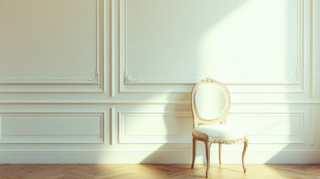 This image showcases an elegant antique chair positioned in a minimalist room, filled with soft natural light, making it a perfect representation of refined interior design aesthetics.の素材