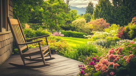 A beautiful outdoor scene featuring a wooden rocking chair on a patio overlooking a vibrant garden filled with colorful flowers and lush greenery, perfect for relaxation.の素材
