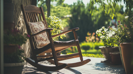A beautiful rocking chair sits elegantly on a porch, surrounded by lush flowers and bathed in warm sunlight, inviting relaxation and peaceful moments outdoors.の素材