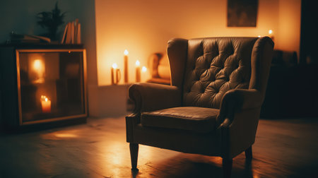 An inviting armchair bathed in warm candlelight creates a serene atmosphere, ideal for relaxation and enhancing home aesthetics, inviting cozy moments.の素材