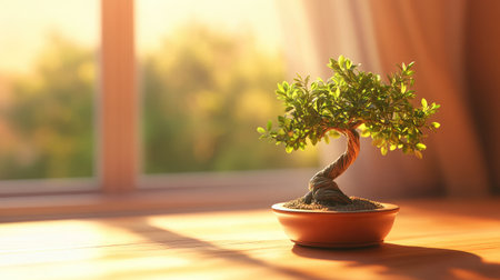 A stunning bonsai tree sits gracefully on a table, illuminated by soft sunlight streaming through a window, perfect for promoting serenity and harmony in any space.の素材