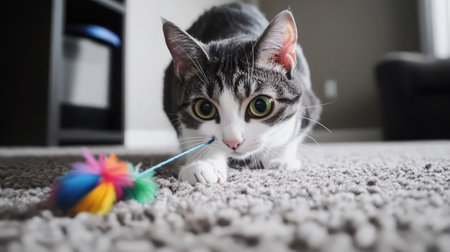 A playful tabby cat is captured pouncing on a colorful toy mouse in a cozy living room, showcasing its curiosity and playful nature in a soft, bright environment.の素材
