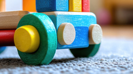 Brightly colored wooden toy car with rounded wheels offers fun and educational playtime for toddlers, promoting creativity and motor skill development on a soft carpet.の素材