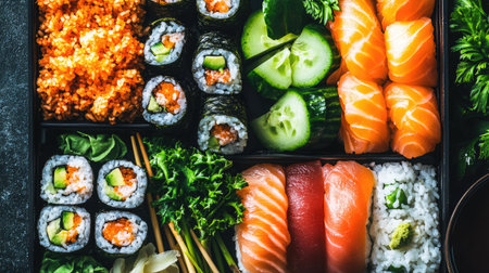 This vibrant sushi platter showcases an array of fresh sushi, including salmon and tuna rolls, accompanied by vegetables and garnishes, perfect for food lovers.の素材