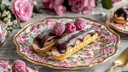 Tempting chocolate eclairs topped with fresh raspberries presented on a beautiful floral plate, creating an exquisite dessert setting ideal for any special occasion or gathering.の素材