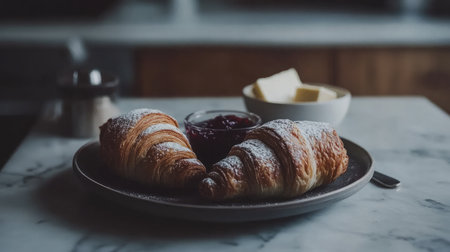 Indulge in the delightful experience of freshly baked croissants served with butter and jam on a marble table, perfect for a cozy breakfast or brunch setting.の素材