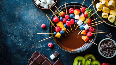 A mouth-watering display of fruit and marshmallow skewers elegantly dipped in rich chocolate, set against a dark backdrop, ideal for celebrations and dessert tables.の素材