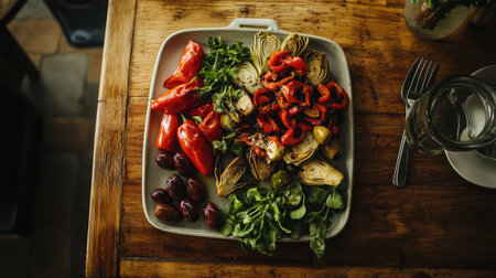A visually appealing vegetable platter featuring artichokes, olives, bright red peppers, and leafy greens, perfect for healthy eating and colorful dining experiences.の素材