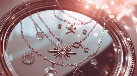A stunning array of elegant necklaces with sparkling gems and intricate designs laid on a reflective surface, enhanced by soft glimmering lights for a luxurious atmosphere.の素材