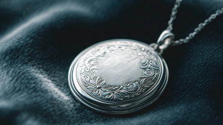 This captivating silver locket pendant features an exquisite floral engraving, beautifully capturing the essence of timeless jewelry design against a luxurious black velvet backdrop.の素材