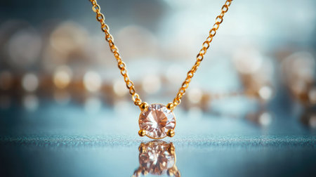 A stunning close-up of a gold necklace featuring a sparkling diamond pendant, showcasing elegance and charm, perfect for jewelry advertisements or fashion catalogs.の素材