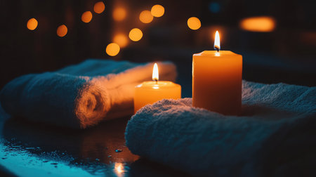 A serene spa scene featuring flickering candles and soft towels, creating a soothing atmosphere perfect for relaxation and self-care. Ideal for wellness and therapy visuals.の素材