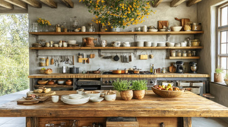 A charming rustic kitchen filled with natural light, featuring wooden shelves adorned with culinary ingredients, fresh herbs, and cozy tableware, creating an inviting cooking space.の素材