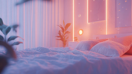 Inviting bedroom scene illuminated by soft pink lighting, featuring a comfortable bed with fluffy pillows and a gentle ambiance perfect for relaxation and restful sleep.の素材